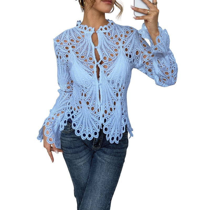 Flora Women's Crochet Hollow Lace Long Sleeve Blouse Scallop Hem in Blue