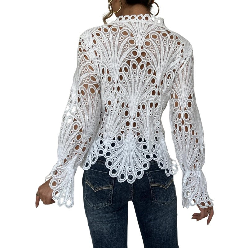 Flora Women's Crochet Hollow Lace Long Sleeve Blouse Scallop Hem in Pink