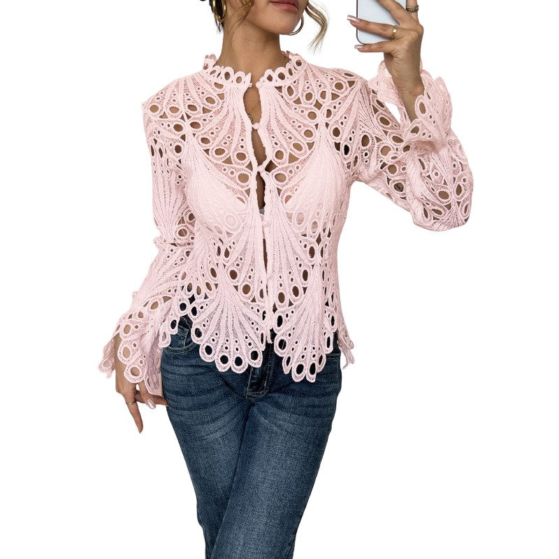 Flora Women's Crochet Hollow Lace Long Sleeve Blouse Scallop Hem in Pink