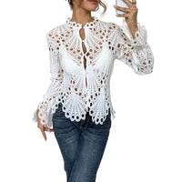 Flora Women's Crochet Hollow Lace Long Sleeve Blouse Scallop Hem in White