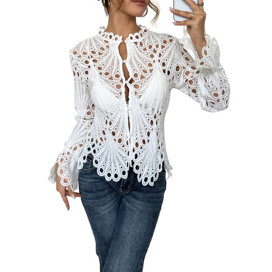 Flora Women's Crochet Hollow Lace Long Sleeve Blouse Scallop Hem in White