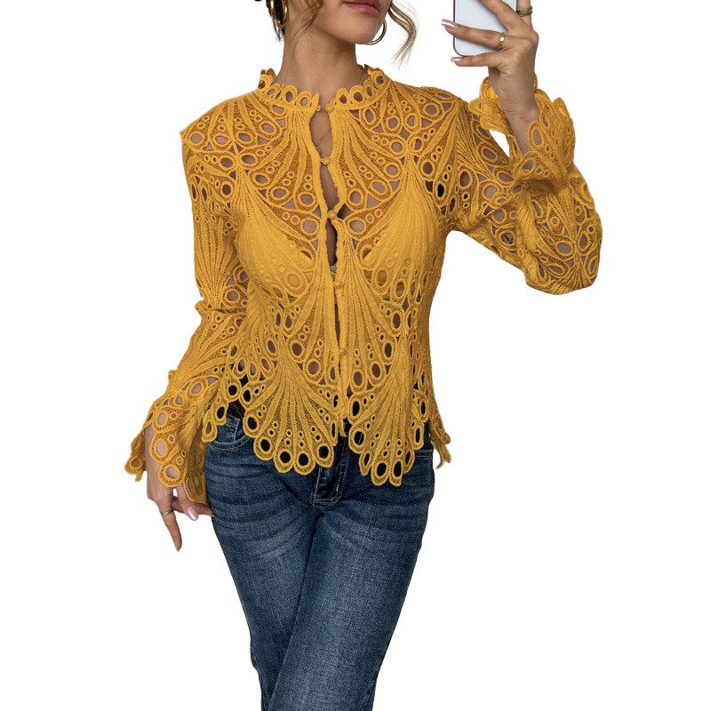 Flora Women's Crochet Hollow Lace Long Sleeve Blouse Scallop Hem in Yellow