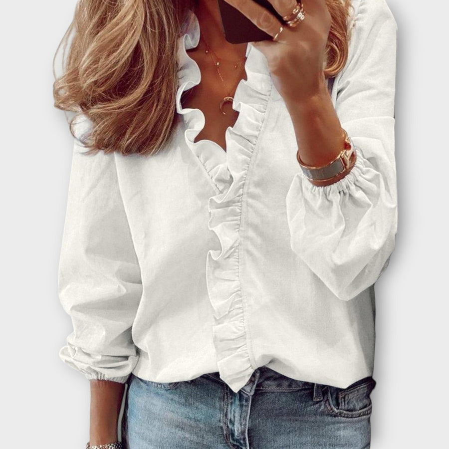 Flora Women's Ruffle V-Neck Long Sleeve Blouse in White