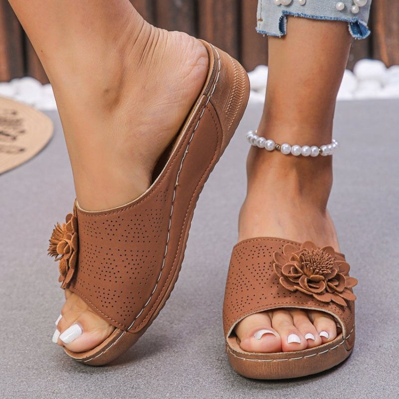 Flora Women's Wedge Sandals Slip-On Open Toe Comfort Sandals in Brown