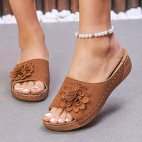 Flora Women's Wedge Sandals Slip-On Open Toe Comfort Sandals in Khaki