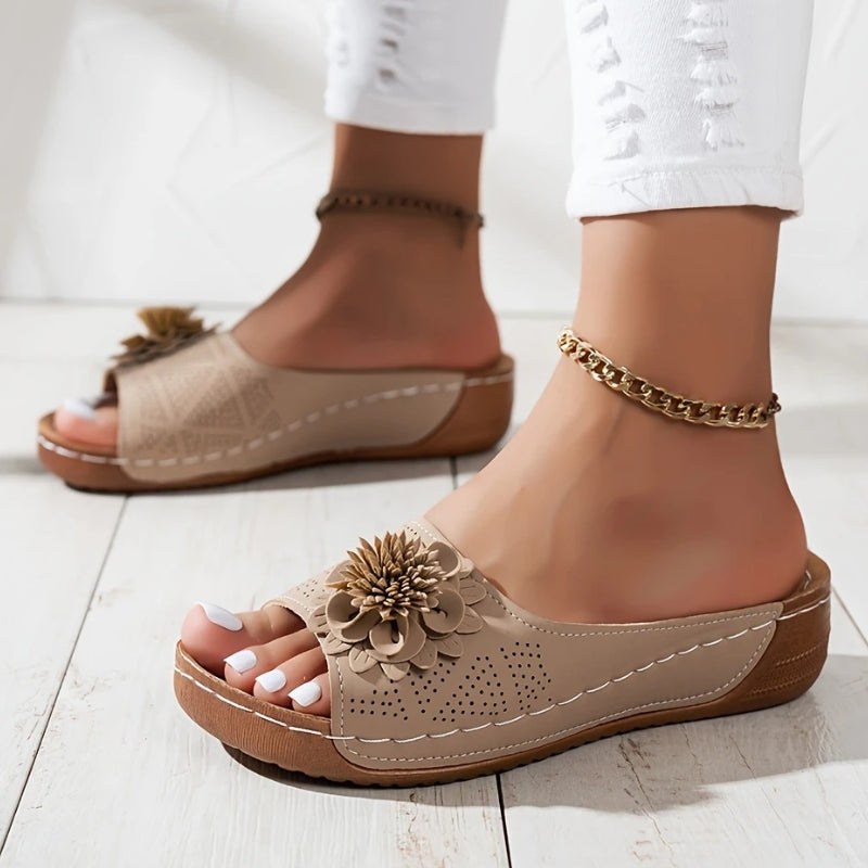 Flora Women's Wedge Sandals Slip-On Open Toe Comfort Sandals in Khaki