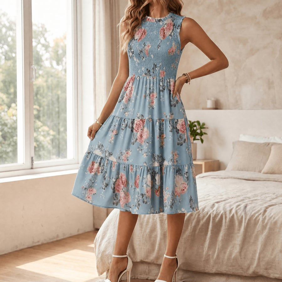 Florette Women's Floral Print Smocked Midi Dress in Light Blue