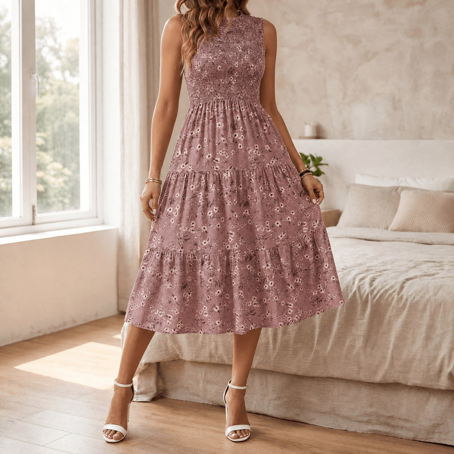 Florette Women's Floral Print Smocked Midi Dress in Light Pink