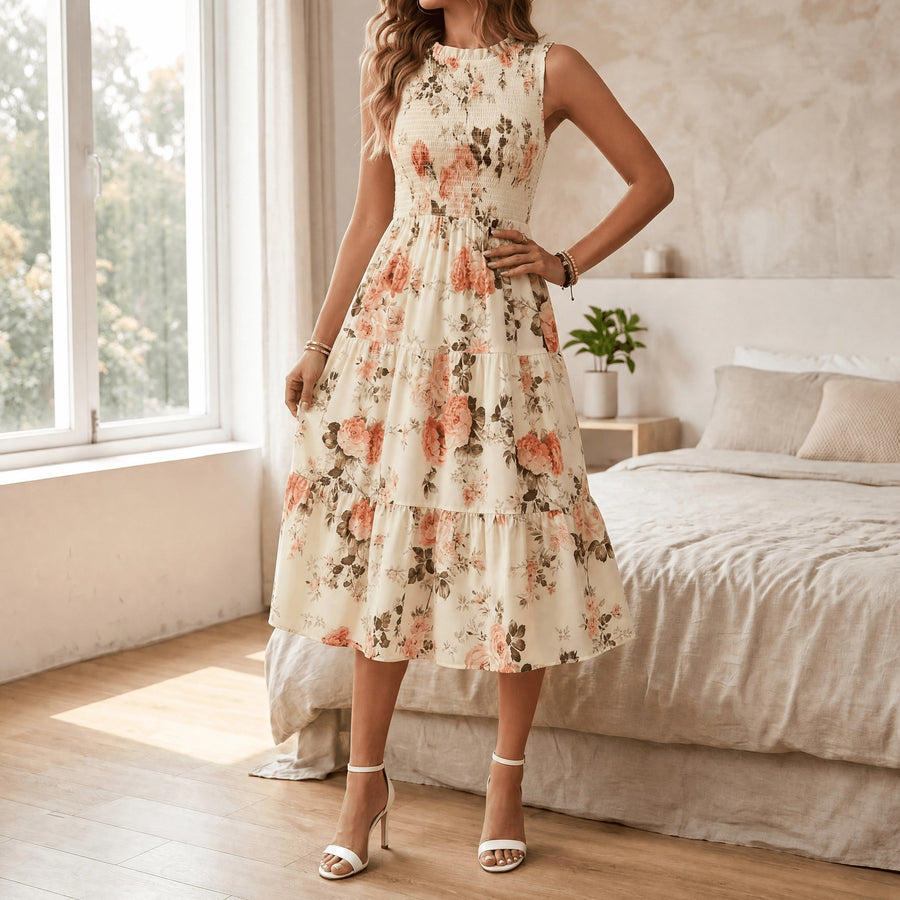 Florette Women's Floral Print Smocked Midi Dress in Peach