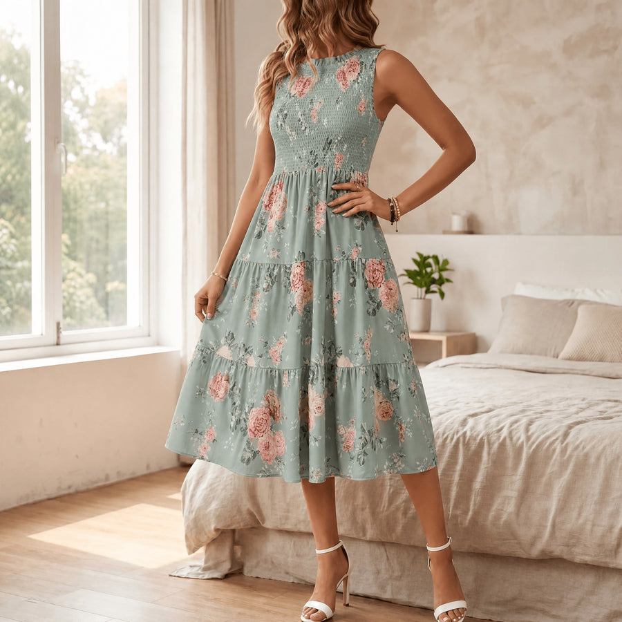 Florette Women's Floral Print Smocked Midi Dress in Sage
