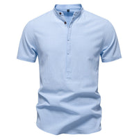 Florian Casual Linen Shirt with Stand Collar and Short Sleeve