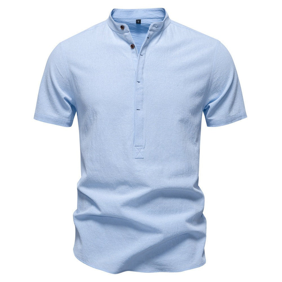 Florian Casual Linen Shirt with Stand Collar and Short Sleeve