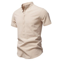 Florian Casual Linen Shirt with Stand Collar and Short Sleeve in Apricot
