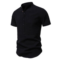 Florian Casual Linen Shirt with Stand Collar and Short Sleeve in Black