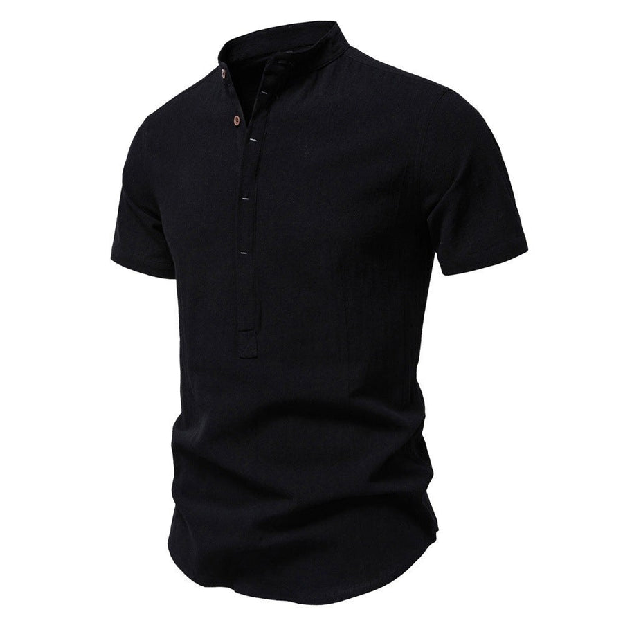 Florian Casual Linen Shirt with Stand Collar and Short Sleeve in Black