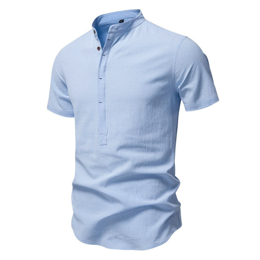 Florian Casual Linen Shirt with Stand Collar and Short Sleeve in Light Blue