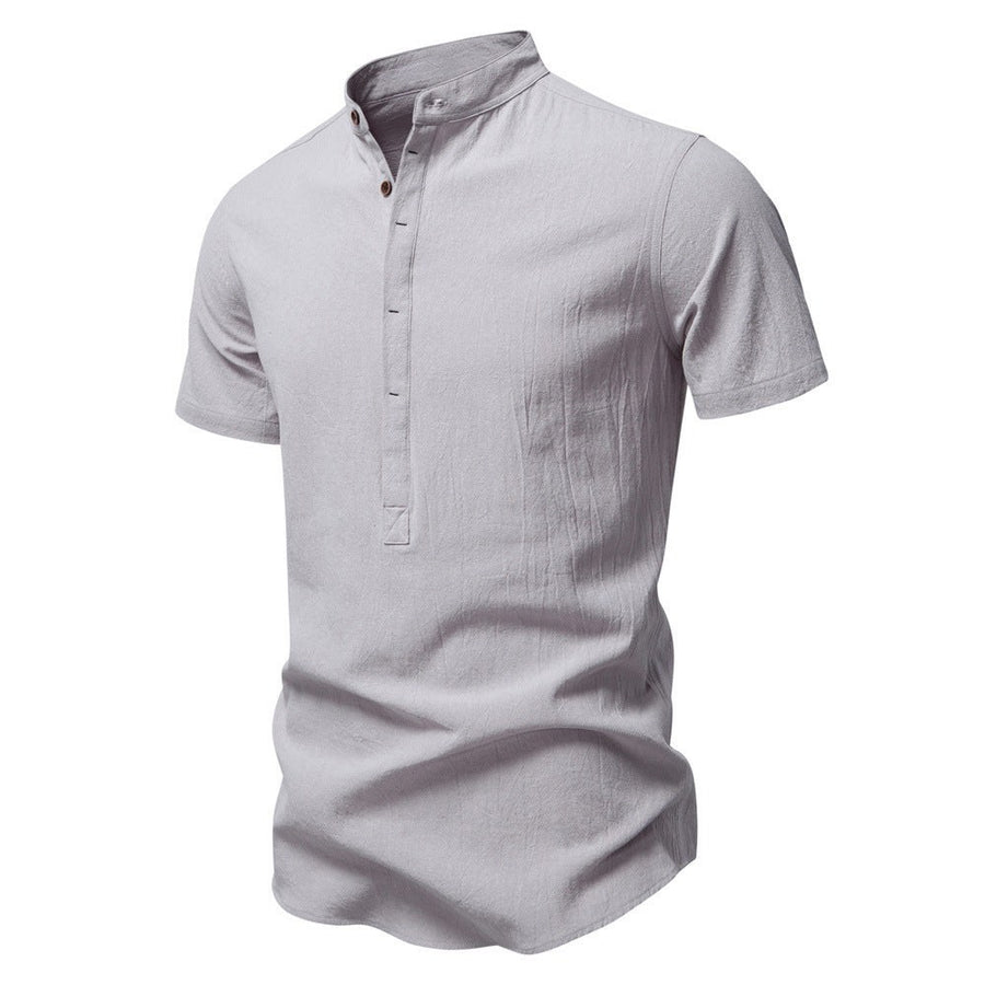 Florian Casual Linen Shirt with Stand Collar and Short Sleeve in Light Grey