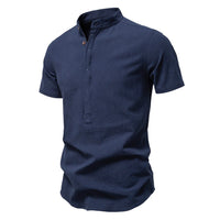 Florian Casual Linen Shirt with Stand Collar and Short Sleeve in Navyblau