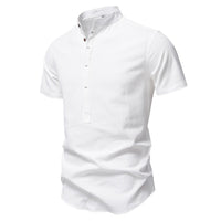 Florian Casual Linen Shirt with Stand Collar and Short Sleeve in White