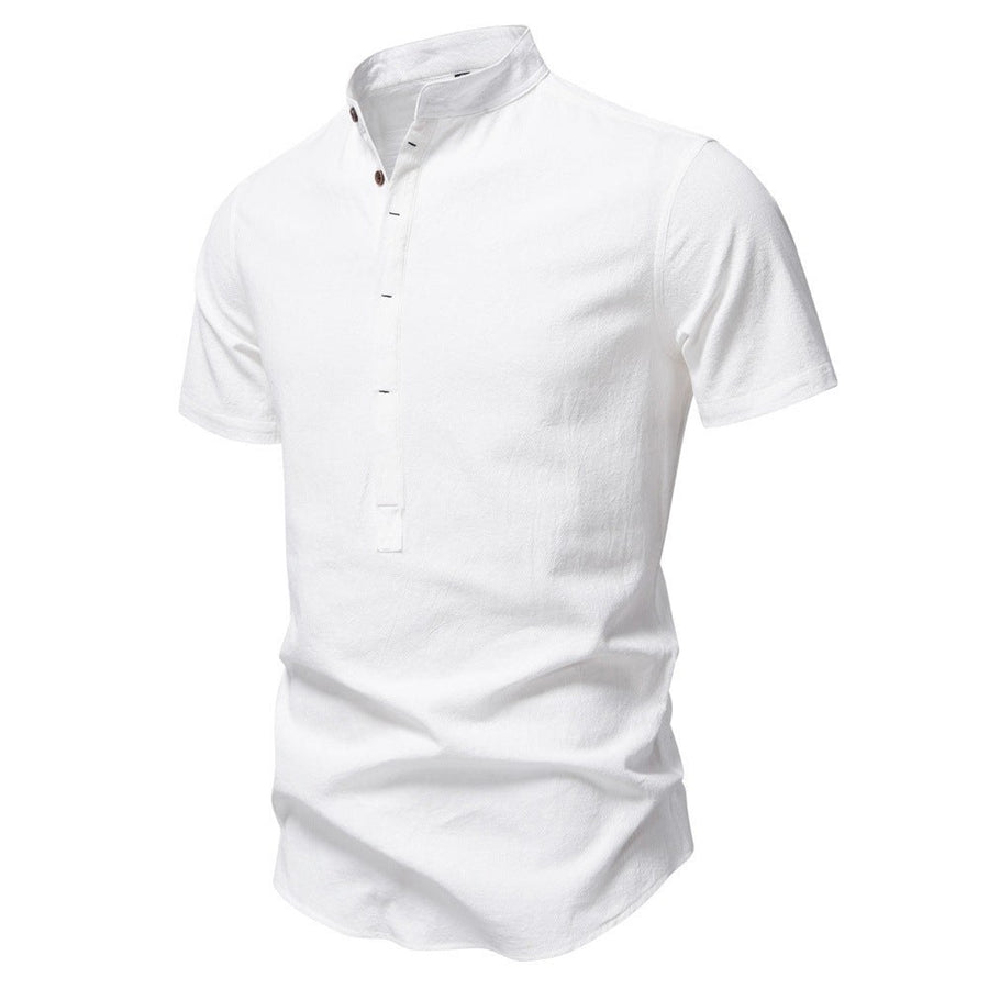Florian Casual Linen Shirt with Stand Collar and Short Sleeve in White