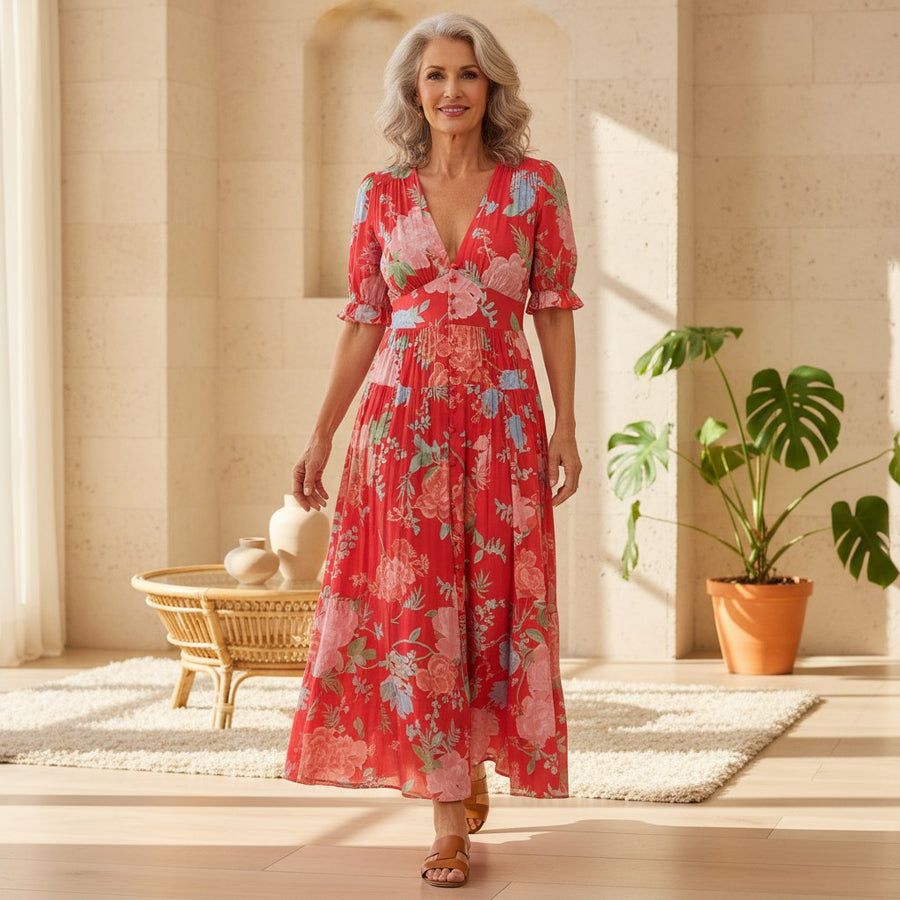 Floriana Vibrant Floral Dress in Red