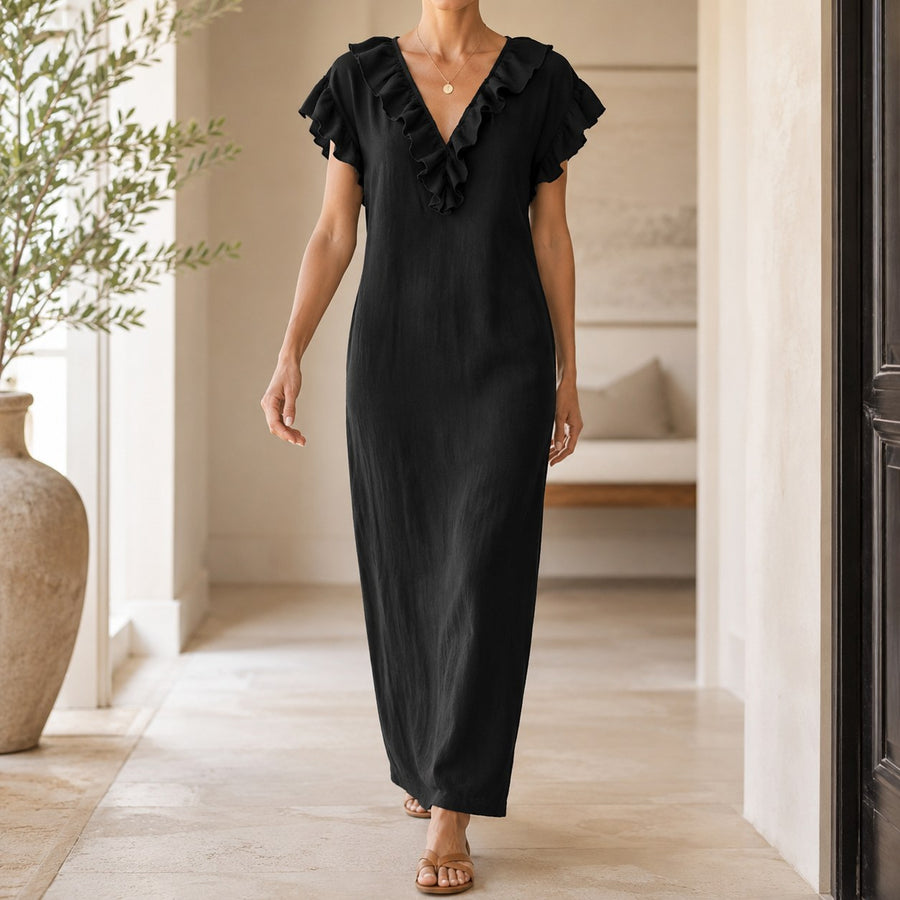 Florin Women's Ruffle V-Neck Maxi Dress with Pockets in Black
