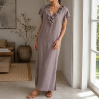 Florin Women's Ruffle V-Neck Maxi Dress with Pockets in Grey