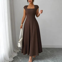 Florinda Women's Square Neck A-Line Midi Dress in Coffee Brown