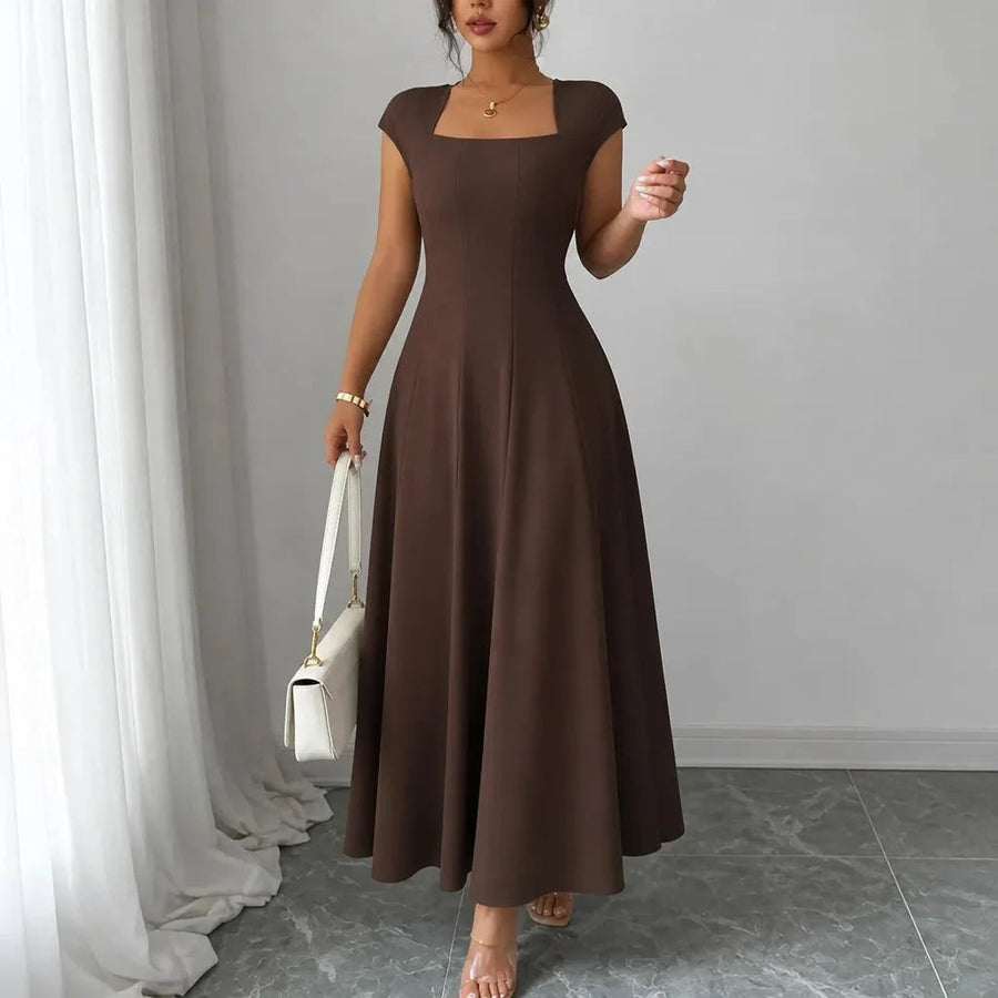 Florinda Women's Square Neck A-Line Midi Dress in Coffee Brown
