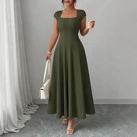 Florinda Women's Square Neck A-Line Midi Dress in Dark Green