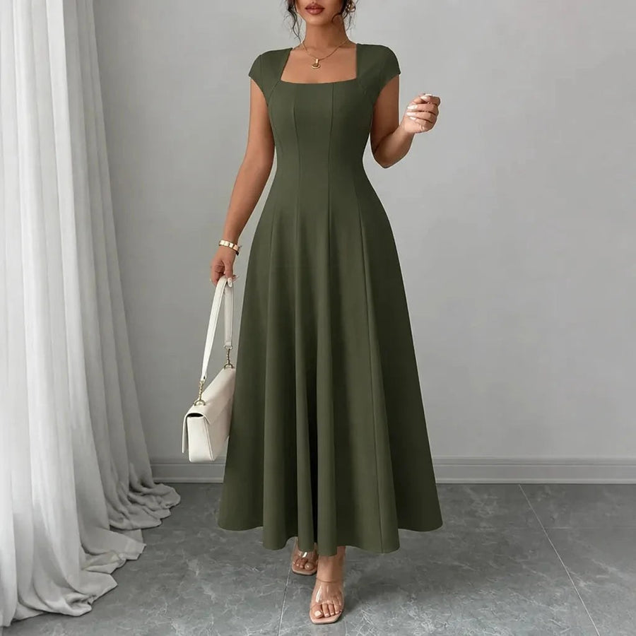 Florinda Women's Square Neck A-Line Midi Dress in Dark Green