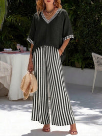 Francine Women's Striped V-Neck Top Wide Leg Pants Set in Black