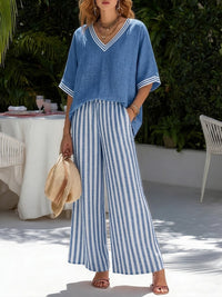 Francine Women's Striped V-Neck Top Wide Leg Pants Set in Blue