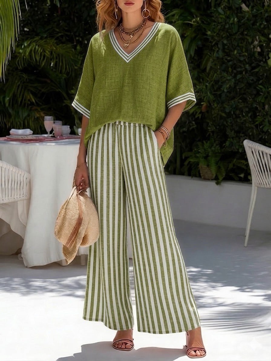 Francine Women's Striped V-Neck Top Wide Leg Pants Set in Dark Green