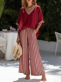 Francine Women's Striped V-Neck Top Wide Leg Pants Set in Red