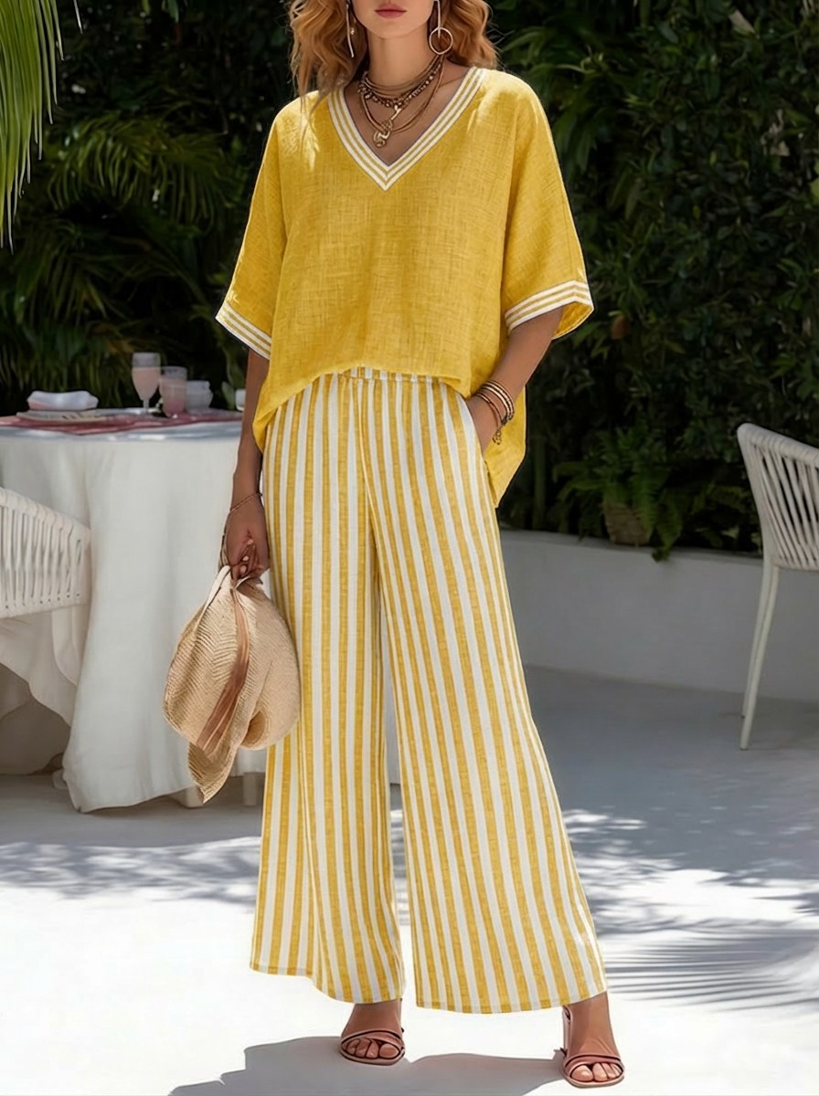 Francine Women's Striped V-Neck Top Wide Leg Pants Set in Yellow
