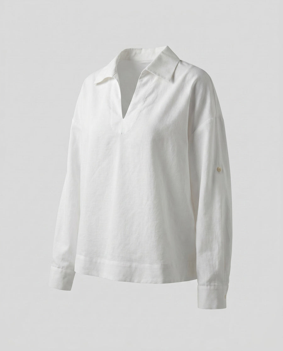 Freya Casual Linen Top with V-Neck in White