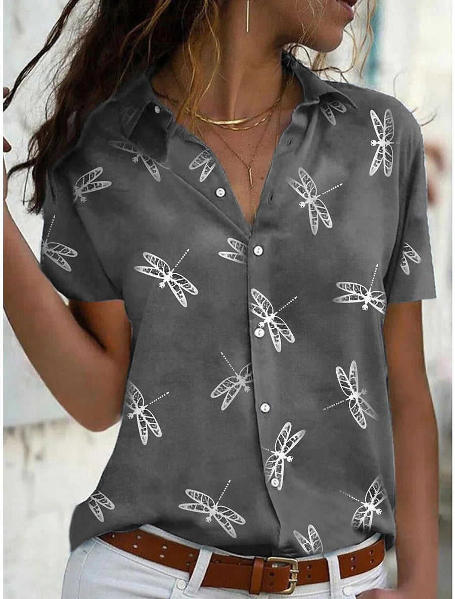Freya Women's Dragonfly Print Short Sleeve Button Down Shirt in Grey