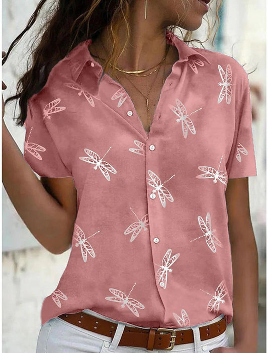Freya Women's Dragonfly Print Short Sleeve Button Down Shirt in Pink