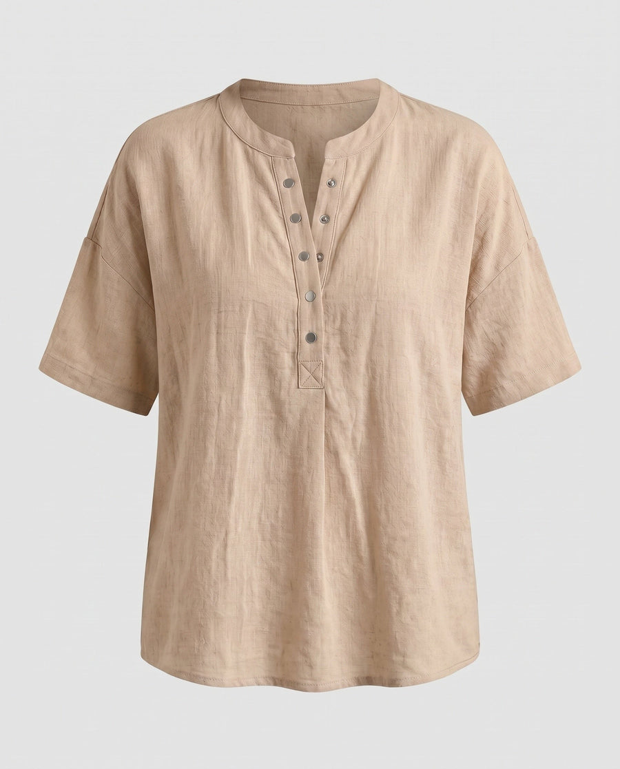 Frida Casual Linen Shirt with Button Front in Khaki