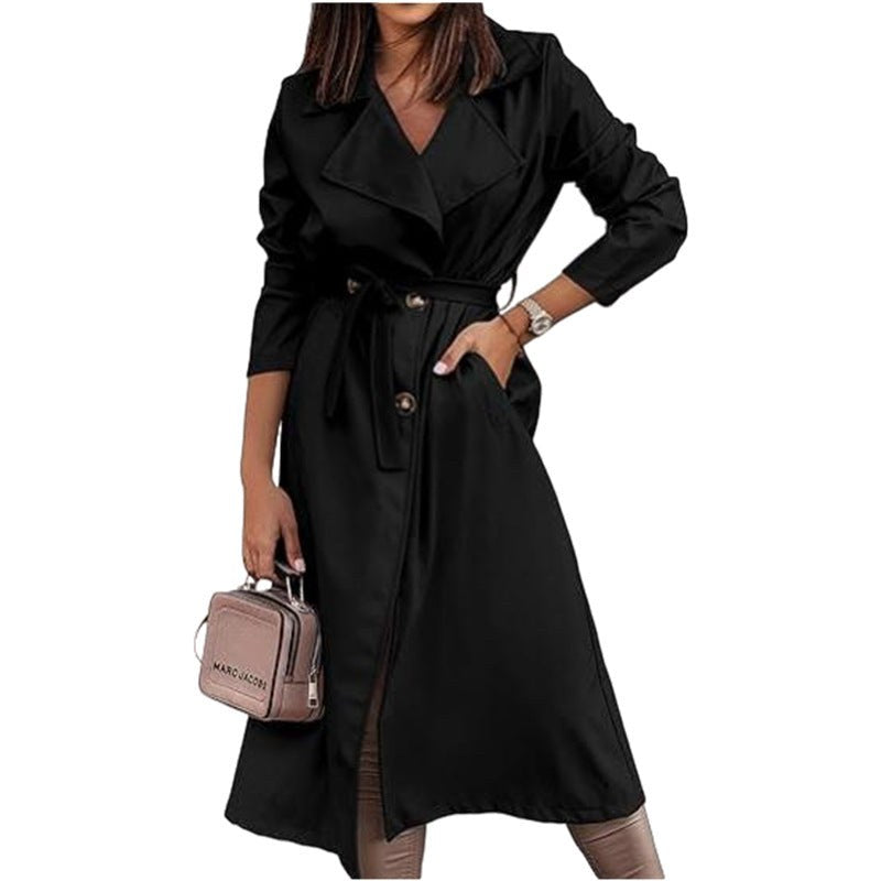 Frida Elegant Trench Coat with Belted in Black