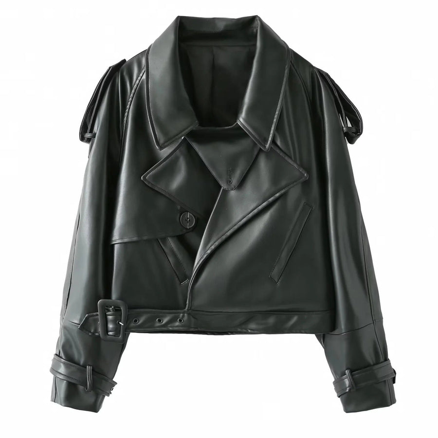Frida Leather Jacket with Belted in Black