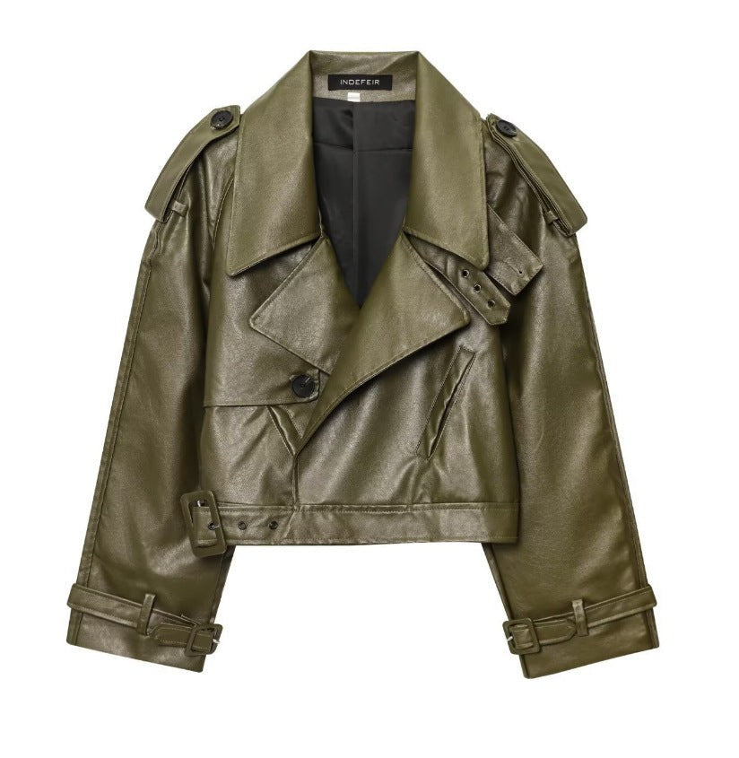 Frida Leather Jacket with Belted in Green