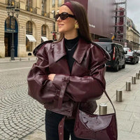 Frida Leather Jacket with Belted in Wine Red