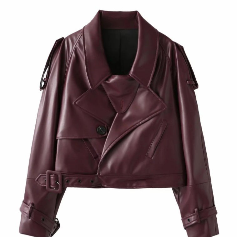 Frida Leather Jacket with Belted in Wine Red