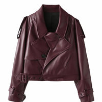 Frida Leather Jacket with Belted in Wine Red