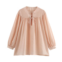 Gaia Airy Blouse with Lace-Up and Ruffles in Pink