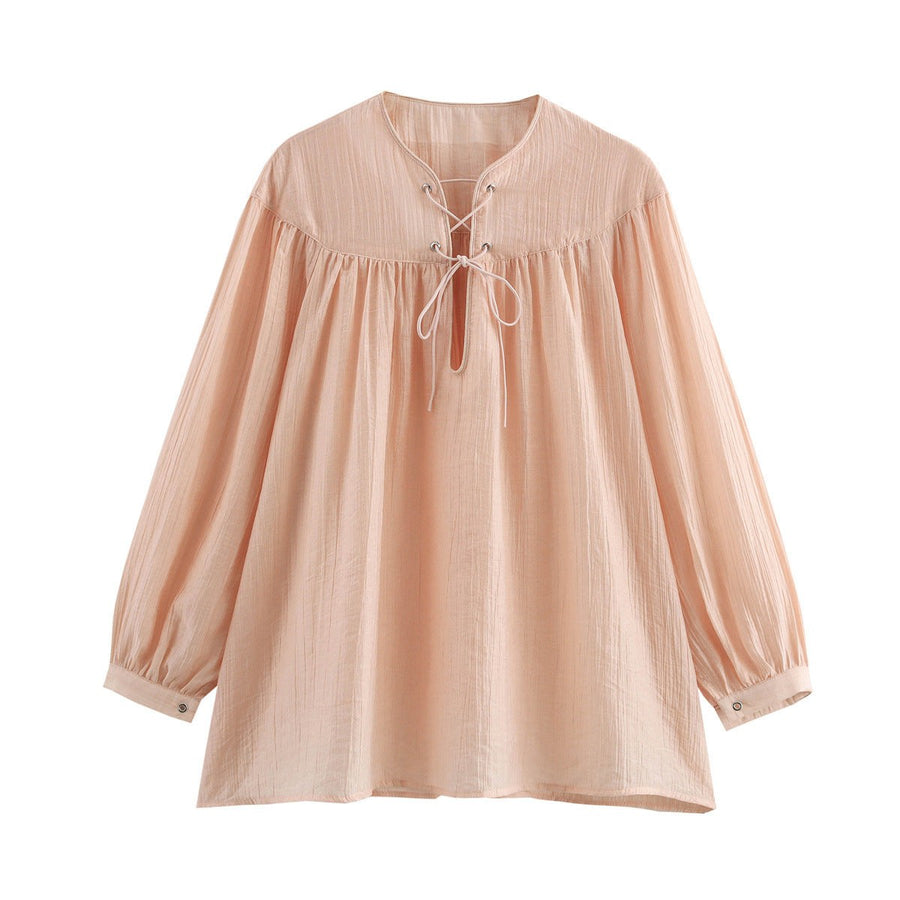 Gaia Airy Blouse with Lace-Up and Ruffles in Pink