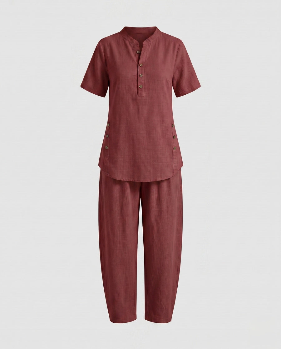 Gaia Casual Linen Suit in Wine Red