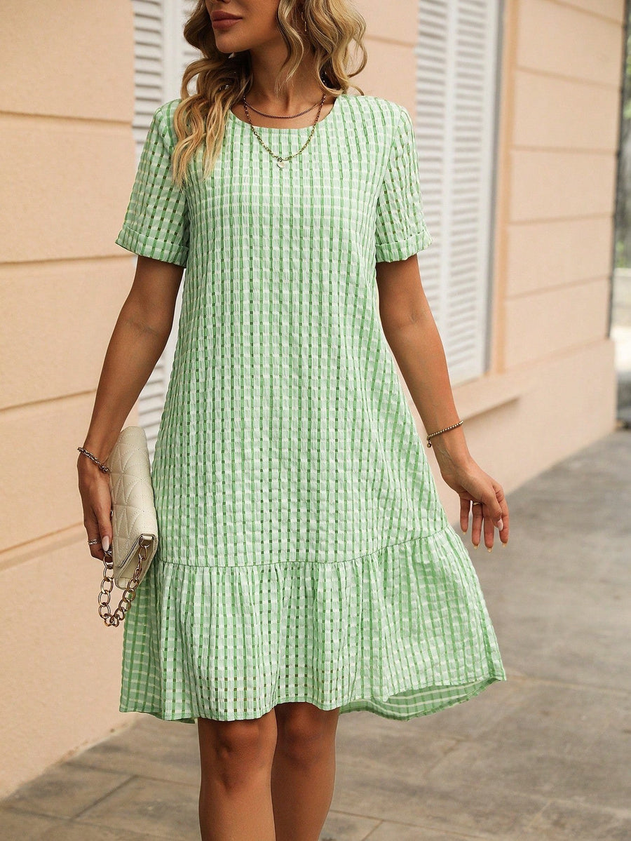 Gaia Casual Shirt Dress with Ruffles and Checked in Light Green